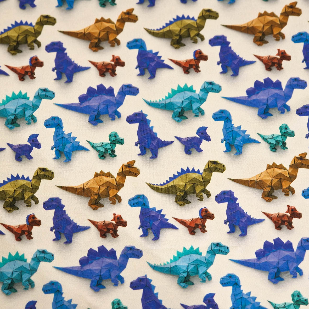 Stoff von bunten Origami-Dinosauriern in verschiedenen Farben auf hellem Hintergrund.