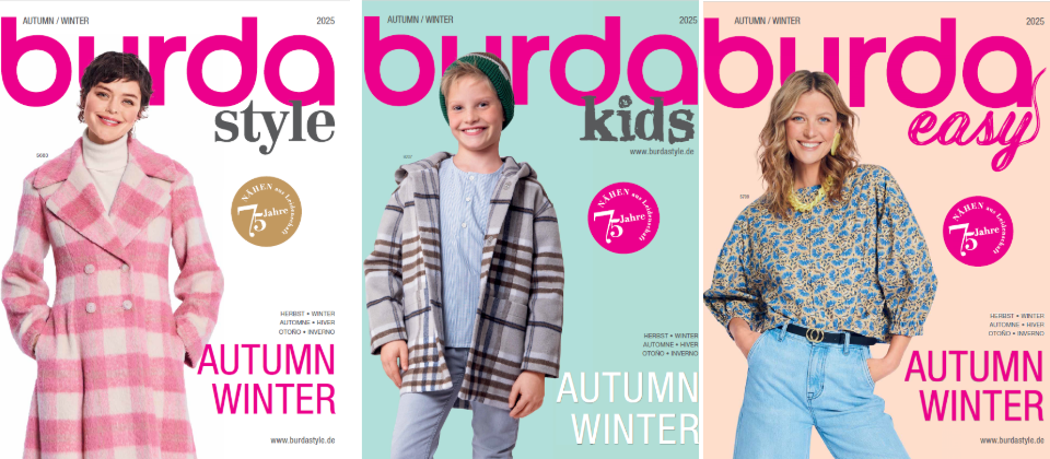 Drei Burda-Magazine für Herbst/Winter 2025 mit Modedesigns für Erwachsene und Kinder in verschiedenen Farben.
